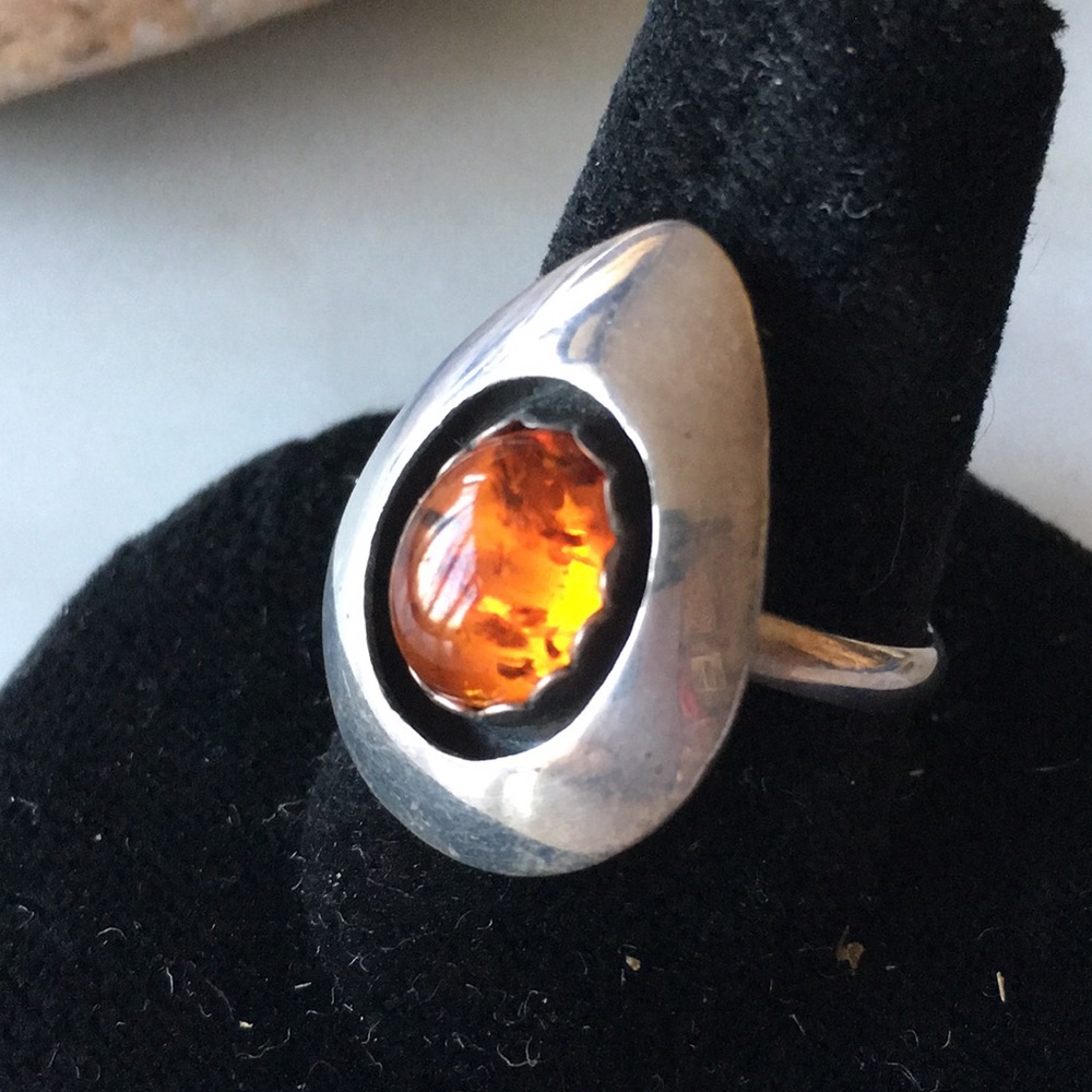 Navajo Amber Native American Vintage Shadowbox Teddy Goodluck Ring - Picture 5 of 10
